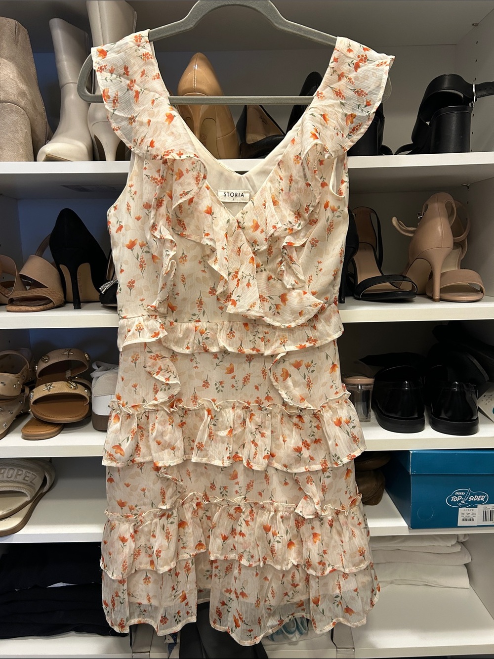 Storia Cream Dress with Orange Floral Ruffles
